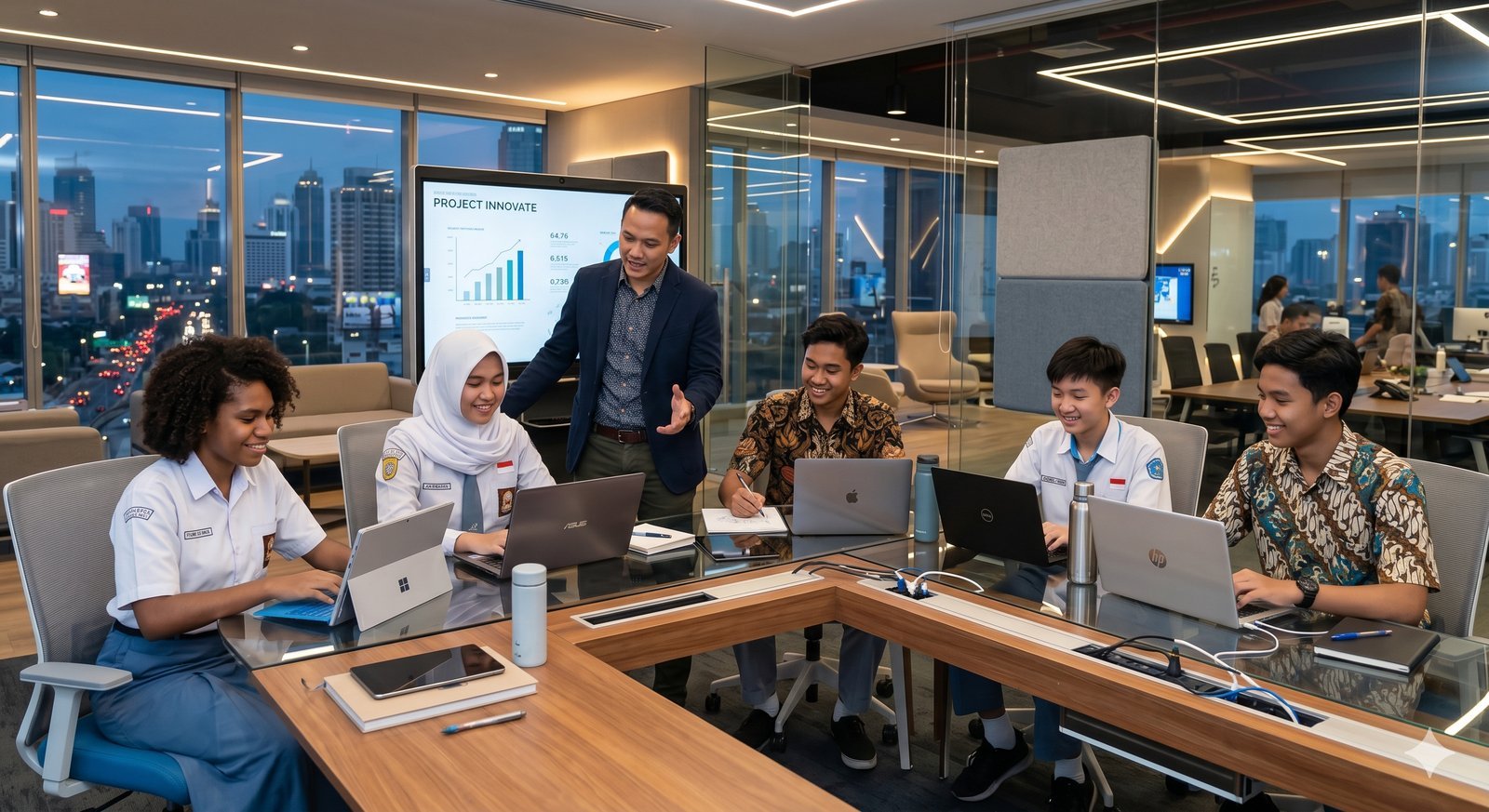 Suasana mentoring AI di Aixora Academy — trainer Abed Steady mendampingi 5 murid mengerjakan project nyata
